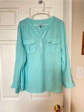 Talbots Aqua Blue Linen V-Neck Henley Tunic Turquoise XLP